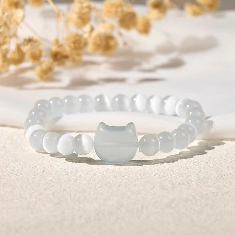 Buddha Stones Lovely Cat Head Pink Cat's Eye White Cat's Eye Spiritual Beads Bracelet