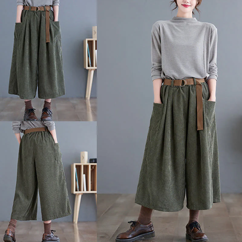 Buddha Stones Retro Women's Wide Leg 7-8 Length Corduroy Cotton Pants With Pockets Belt