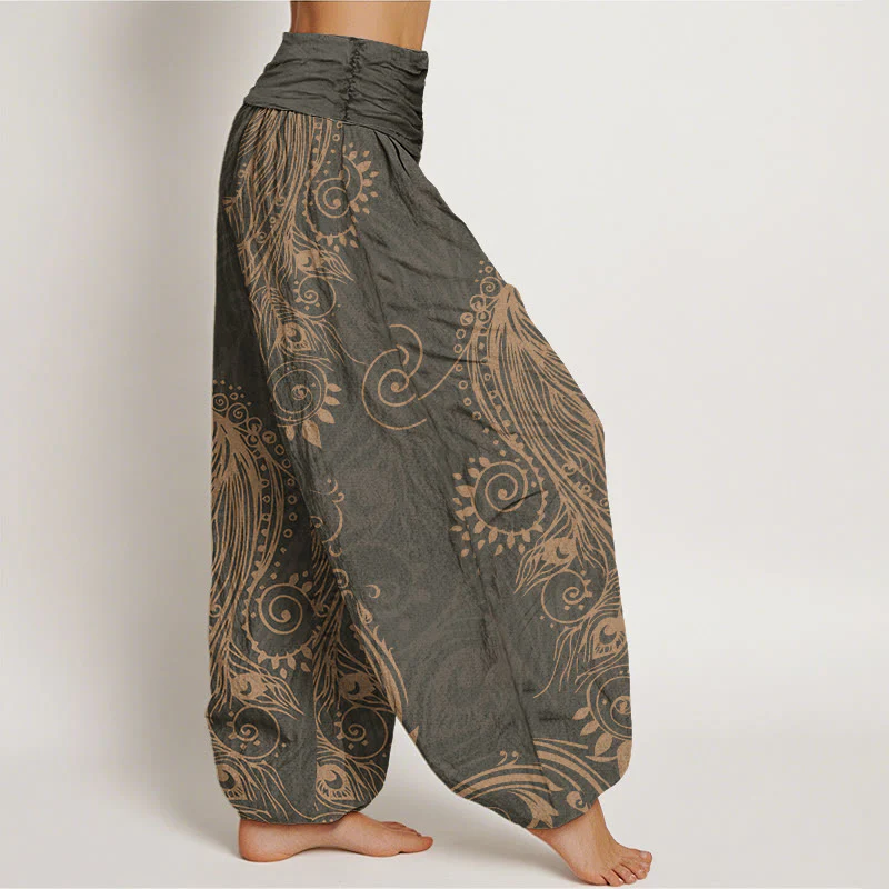 Buddha Stones Casual Peacock Design Women's Elastic Waist Harem Pants