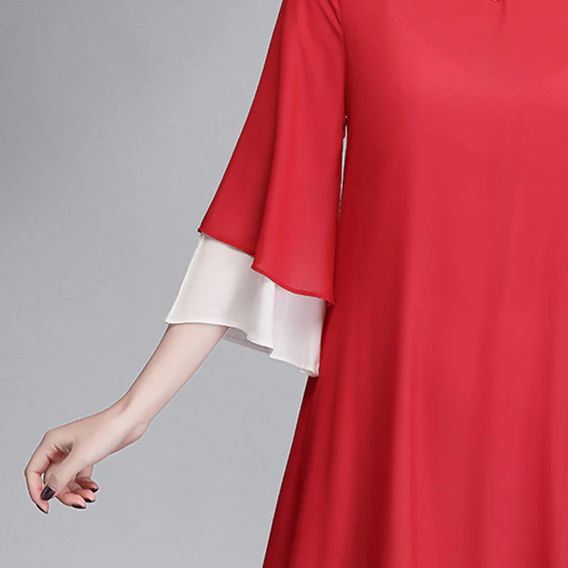 Buddha Stones Solid Women's Three Quarter Sleeve Chiffon Irregular Shirt Dress Wide Leg Pants Meditation Clothing