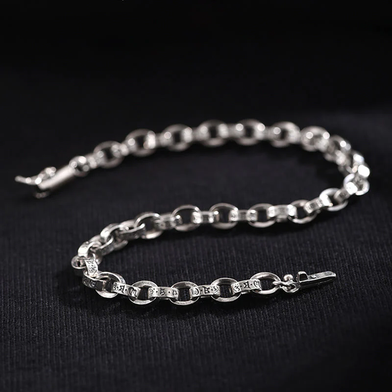 Buddha Stones 925 Sterling Silver Om Mani Padme Hum Carved Design Creativity Metal Bracelet