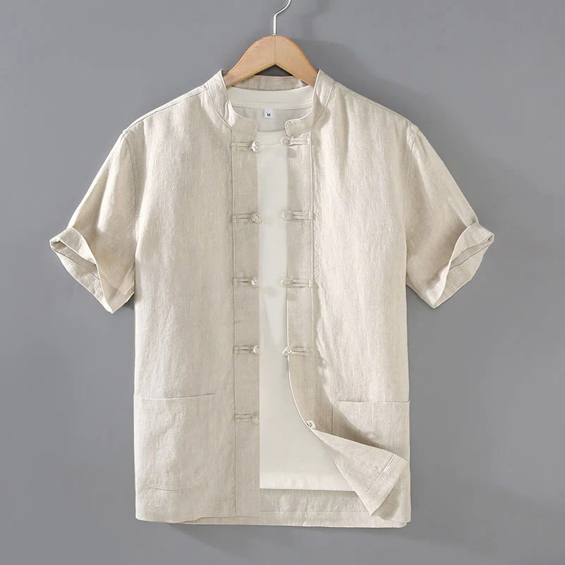 Buddha Stones Vintage Plain Tang Suit Chinese Frog-Button Cotton Linen Men's Shirt Jacket With Pockets