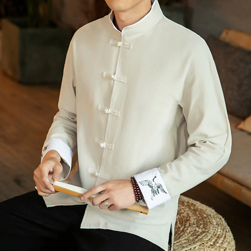 Buddha Stones Tang Suit Frog-Button Crane Embroidery Long Sleeve Cotton Men's Shirt