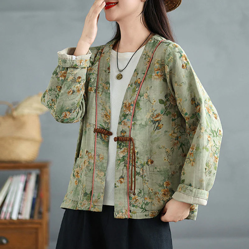 Buddha Stones Printing Floral Frog-Button Open Front Cardigan Cotton Linen Jacket With Pockets