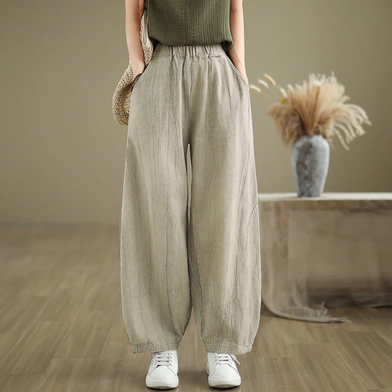 Buddha Stones Casual Plain Women's Cotton Linen Harem Pants With Pockets