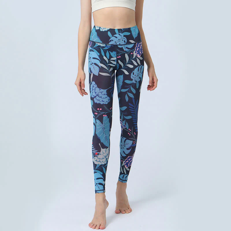 Buddha Stones Leaves Print Sports Fitness Yoga High Waist Leggings Women's Yoga Pants