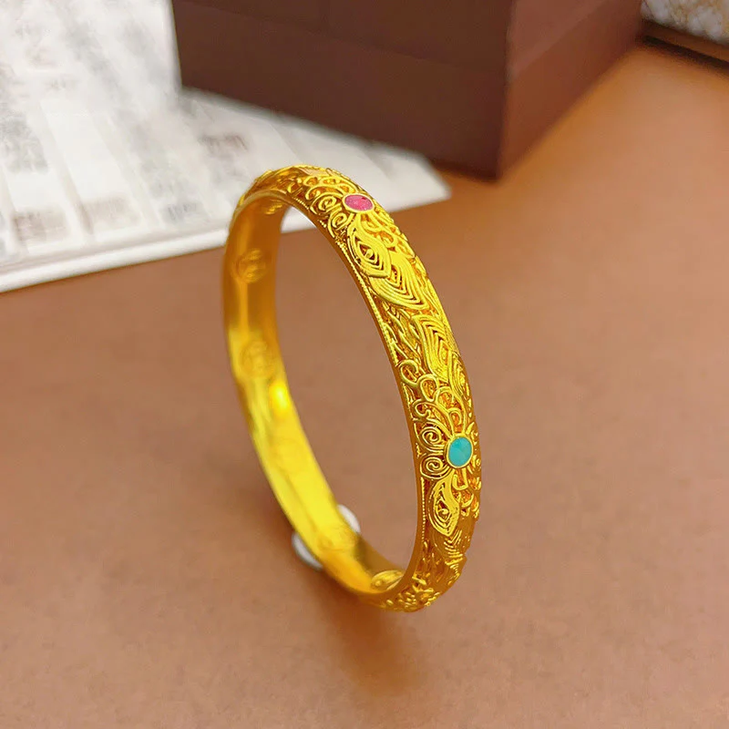 Buddha Stones Copper Plated Gold Flowers Leaves Luck Bracelet Bangle