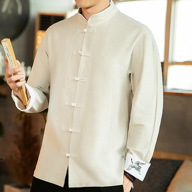 Buddha Stones Tang Suit Frog-Button Crane Embroidery Long Sleeve Cotton Men's Shirt
