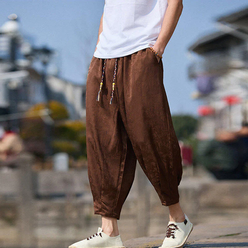 Buddha Stones Summer Character Embroidery Design Drawstring Men's 7-8 Length Pants With Pockets