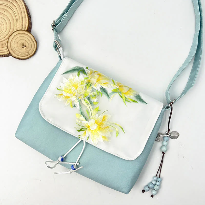 Buddha Stones Embroidered Camellia Epiphyllum Gardenia Sakura Flowers Crossbody Bag Shoulder Bag Cellphone Bag