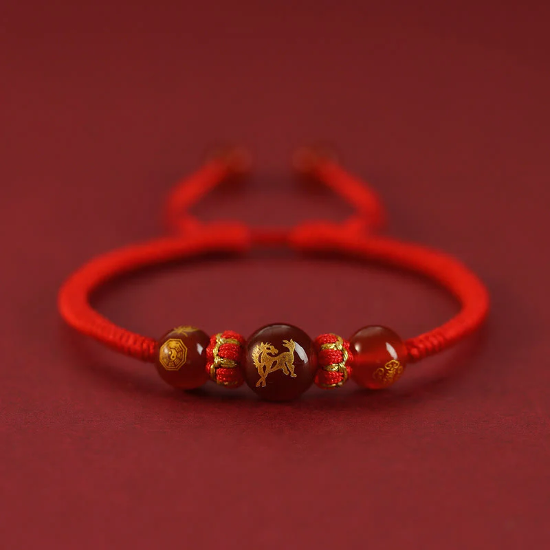 Buddha Stones Handmade Red Agate Chinese Zodiac Red String Braided Protection Bracelet