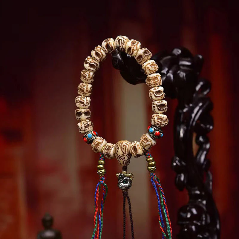 Buddha Stones Tibetan Camel Bone Garuda Carved Protection Tassel Bracelet