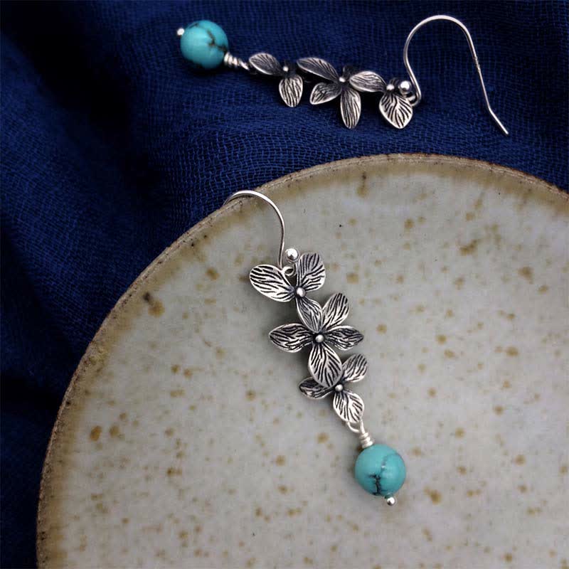 Buddha Stones 925 Sterling Silver Turquoise Lazurite Flower Leaf Serenity Protection Hook Drop Dangle Earrings