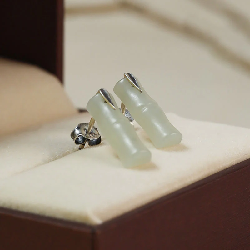 Buddha Stones Bamboo Hetian Jade 925 Sterling Silver Leaf Wealth Earrings
