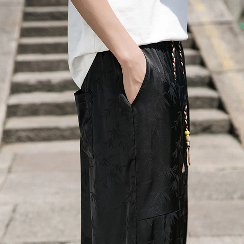 Buddha Stones Summer Ice Silk Jacquard Bamboo Pattern Men's Drawstring Cotton Pants With Pockets
