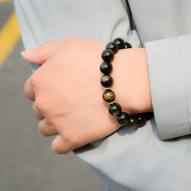 Buddha Stones Chinese Zodiac Natal Buddha Gold Sheen Obsidian Wealth Protection Bracelet
