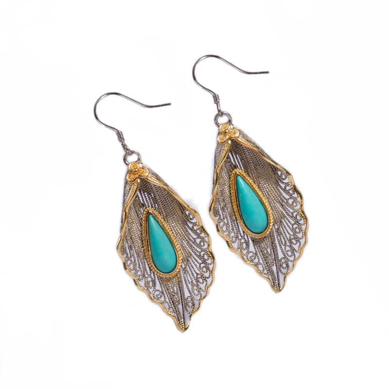 Buddha Stones 925 Sterling Silver Turquoise Bodhi Leaf Pattern Protection Drop Dangle Earrings