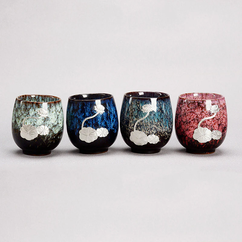 Buddha Stones Silver Lotus Flower Leaf Chinese Jianzhan Ceramic Teacup Kung Fu Tea Cup 150ml