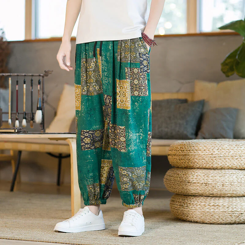 Buddha Stones Summer Square Patchwork Cotton Linen Men's Ankle-Length Harem Pants With Pockets