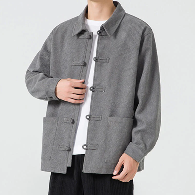 Buddha Stones Long Sleeve Frog-button Design Men's Polyester Jacket Shirt With Pockets