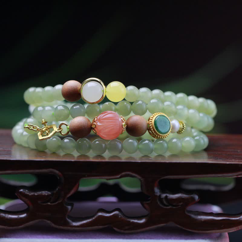 Buddha Stones Natural Hetian Jade Amber Lotus Red Agate Luck Abundance Bracelet