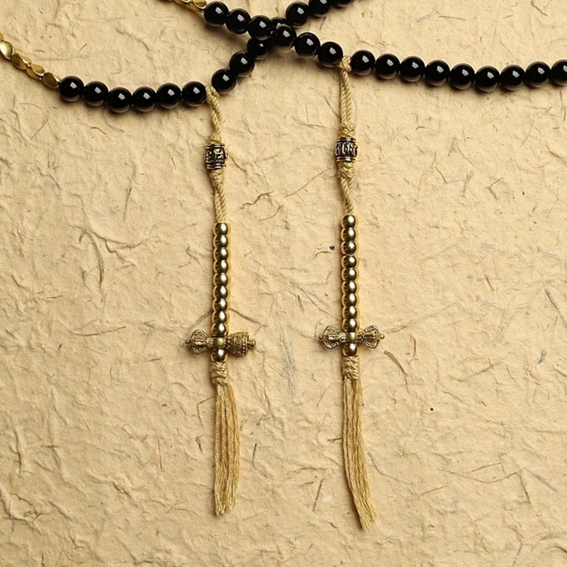 Buddha Stones Tibetan 108 Mala Beads Black Onyx Three-eyed Dzi Beads Protection Bracelet