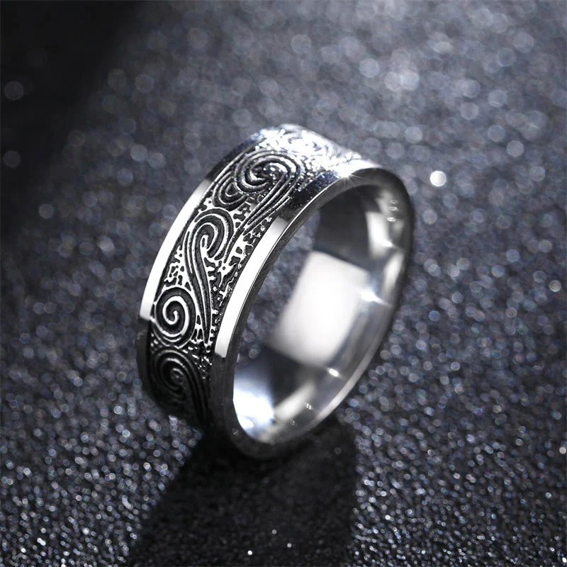 Buddha Stones Vintage Wave Auspicious Clouds Engraved Pattern Titanium Steel Balance Ring