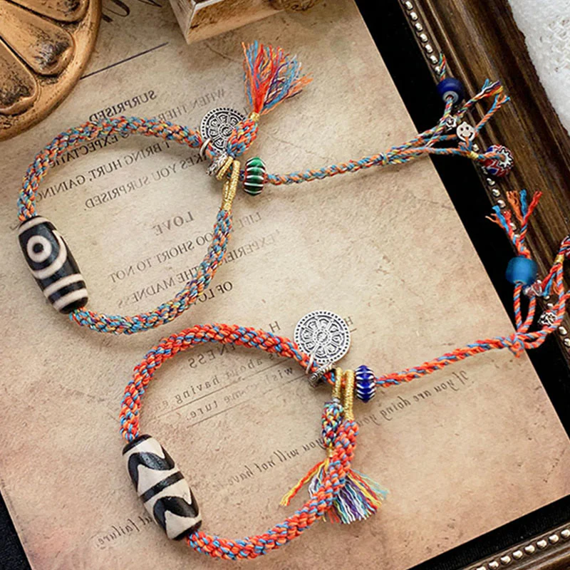 Buddha Stones Tibetan 925 Sterling Silver Om Mani Padme Hum Handmade Dzi Bead Protection Braid Bracelet