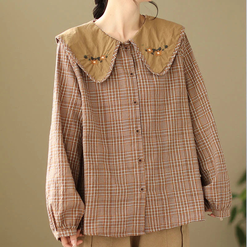 Buddha Stones Embroidered Plaid Pattern Cotton Women's Shirt