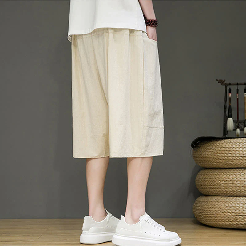 Buddha Stones Casual Drawstring Cotton Linen Men's Capri Harem Pants With Pockets