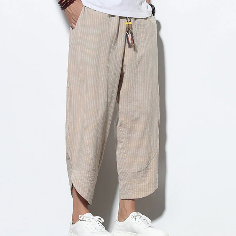 Buddha Stones Summer Stripes Pattern Drawstring Cotton Linen Men's 7-8 Length Harem Pants With Pockets