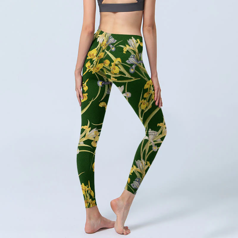 Buddha Stones Green Iris Pattern Print Gym Leggings Women's Yoga Pants
