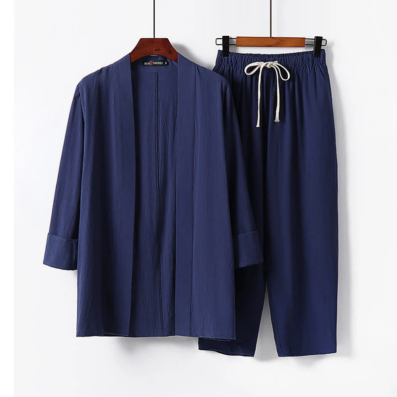 Buddha Stones 2Pcs Cotton Kimono Ankle-Length Pants Men's Meditation Cloth Set