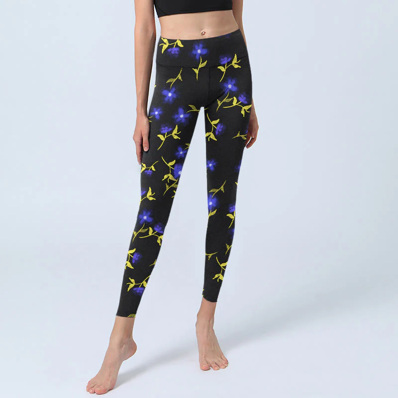 Buddha Stones Blue Flower Leaves Pattern Print Gym Leggings Women's Yoga Pants