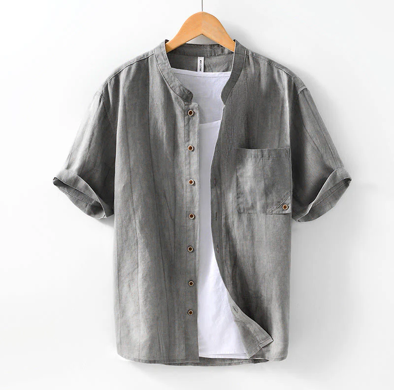 Buddha Stones Summer Buttons Short Sleeve Ramie Linen Cotton Men's Shirt