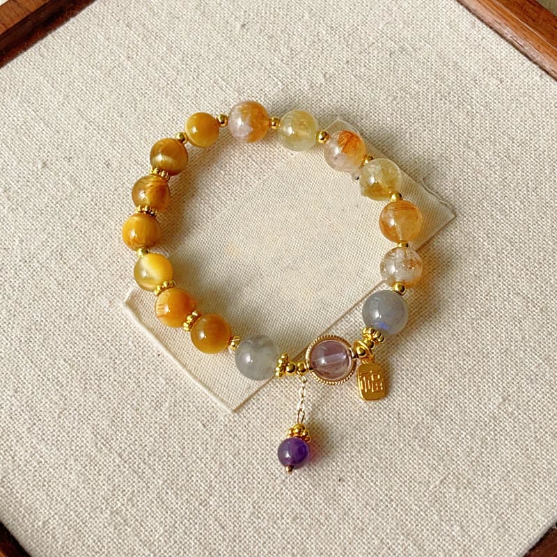 Buddha Stones Natural Citrine Tiger Eye Fu Character Prosperity Bracelet