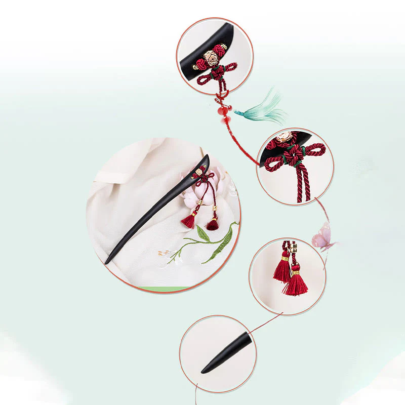 Buddha Stones Ebony Red String Chinese Knot Tassel Protection Hairpin