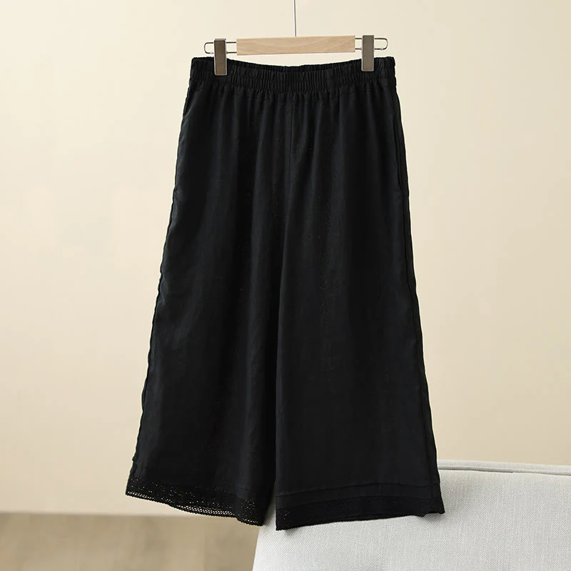 Buddha Stones Commute Retro Plain Lace Patchwork Design 7-8 Length Women's Wide Leg Cotton Pants With Pockets