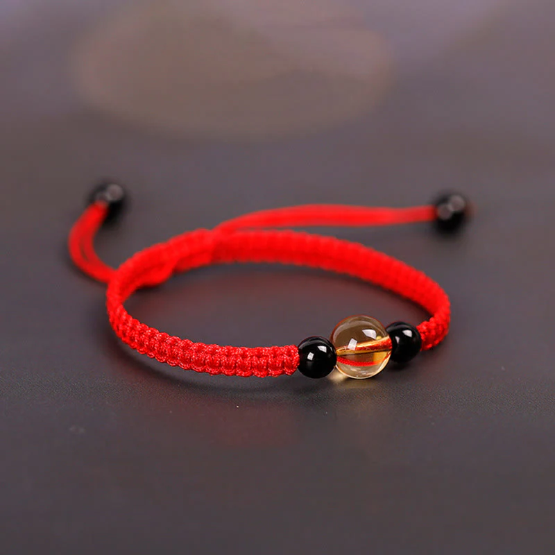 Buddha Stones Handcrafted Citrine Black Obsidian Bead King Kong Knot Peace Knot Luck Rope Bracelet