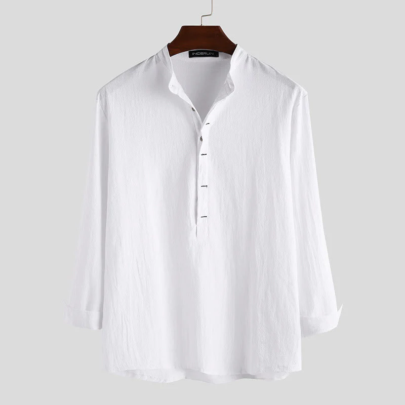 Buddha Stones Solid Color Half Buttons Long Sleeve Cotton Linen Men's Shirts