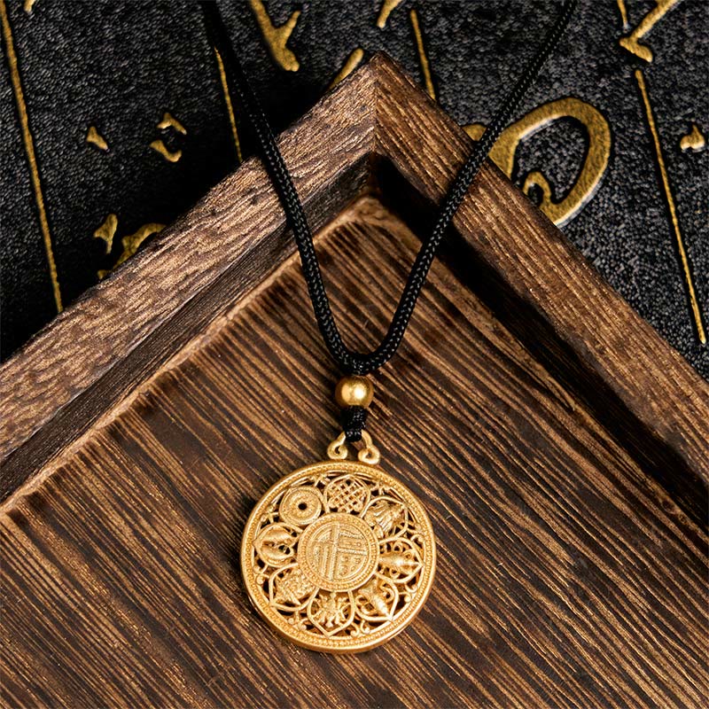Buddha Stones Copper Eight Treasure Compass Fu Character Fortune Rope Necklace Pendant