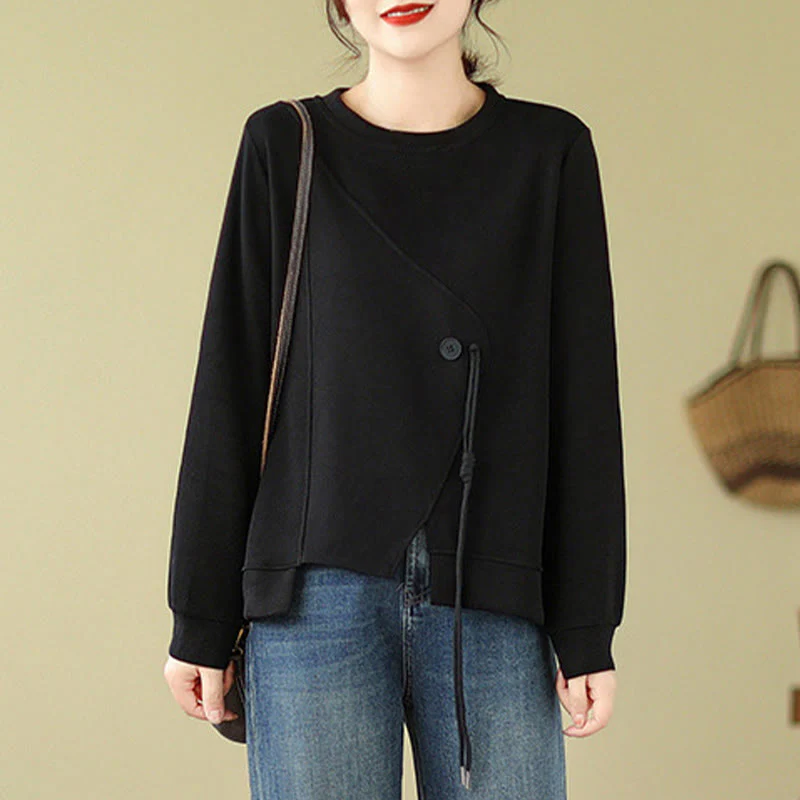 Buddha Stones Fall Plain Button Crew Neck Cotton Pullover Women's Sweatshirt