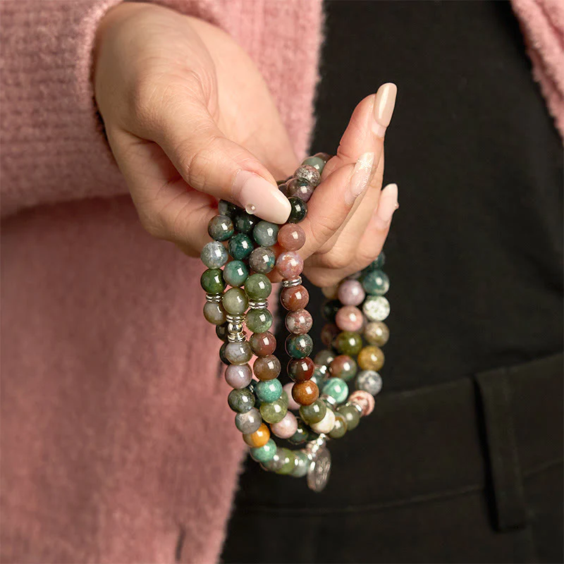 Buddha Stones 108 Mala Beads Natural Stone Indian Agate Lotus Calm Bracelet