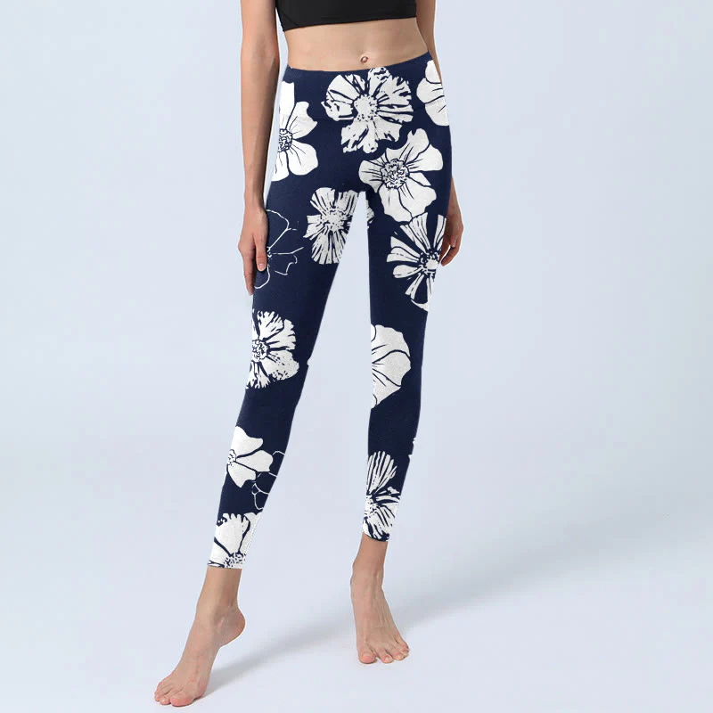 Buddha Stones Large White Petals Plants Pattern Print Gym Leggings Women's Yoga Pants