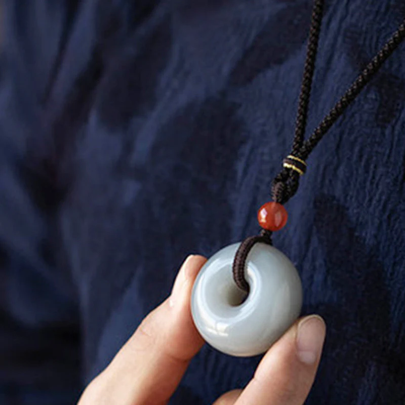Buddha Stones Natural Round Jade Gray Jade Peace Buckle Luck Necklace Pendant