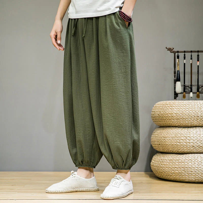 Buddha Stones Summer Plain Drawstring Men's Ankle-Length Cotton Harem Pants With Pockets
