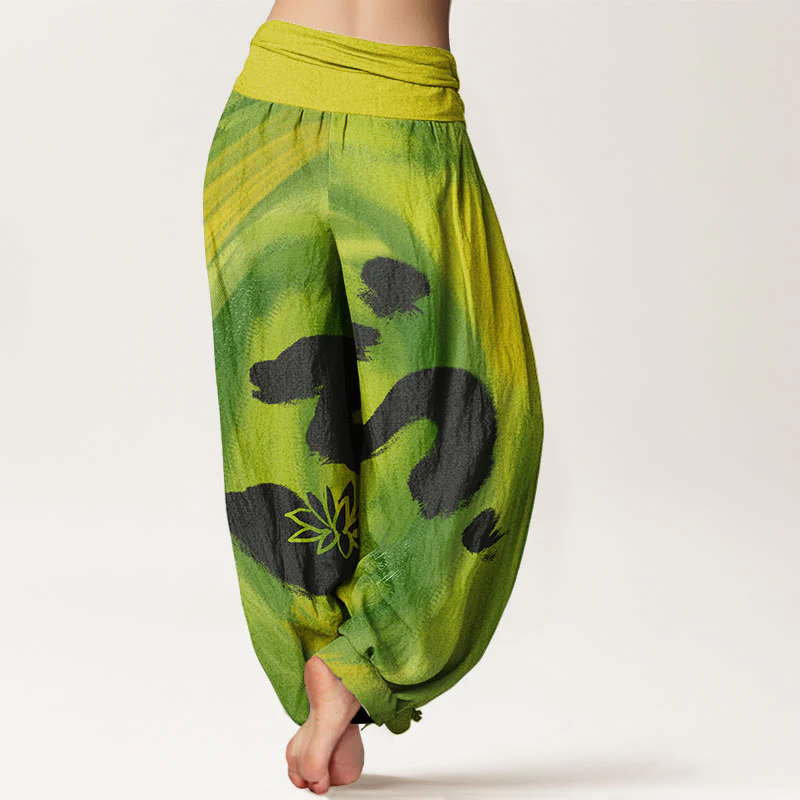 Buddha Stones OM Symbol Lotus Flower Pattern Women's Elastic Waist Harem Pants