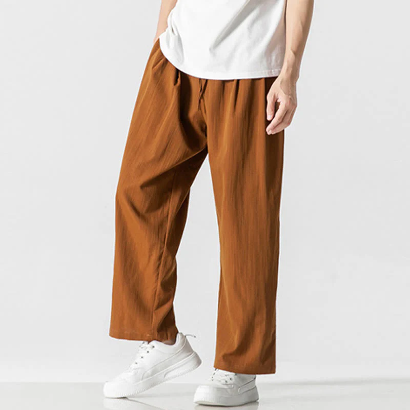 Buddha Stones Summer Casual Plain Straight Leg Design Men's Cotton Linen Drawstring Pants With Pockets