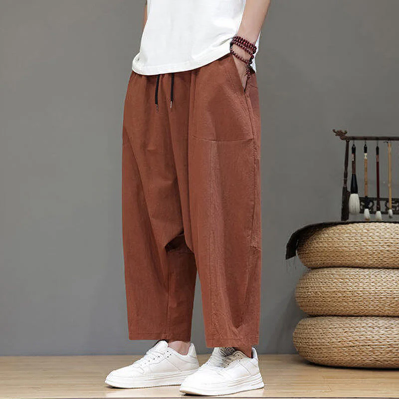 Buddha Stones Casual Plain Low Crotch Design Drawstring Men's Cotton Elastic Waistband Wide Leg Pants With Pockets