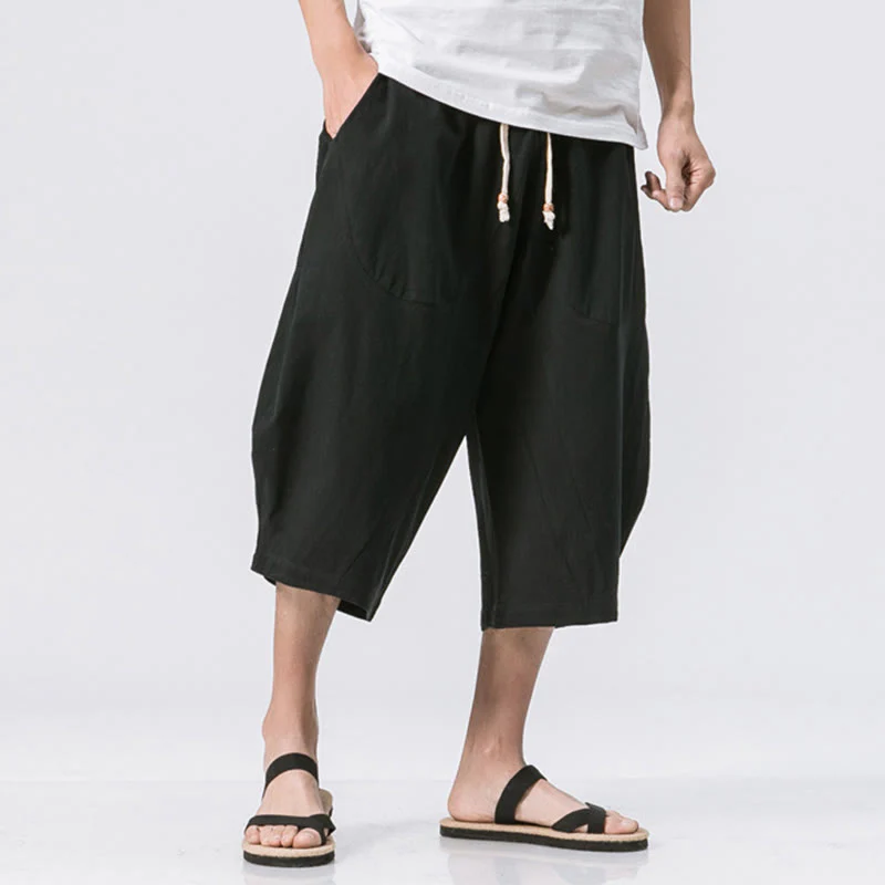 Buddha Stones Summer Casual Simple Plain Design 7-8 Length Men's Cotton Linen Drawstring Pants With Pockets
